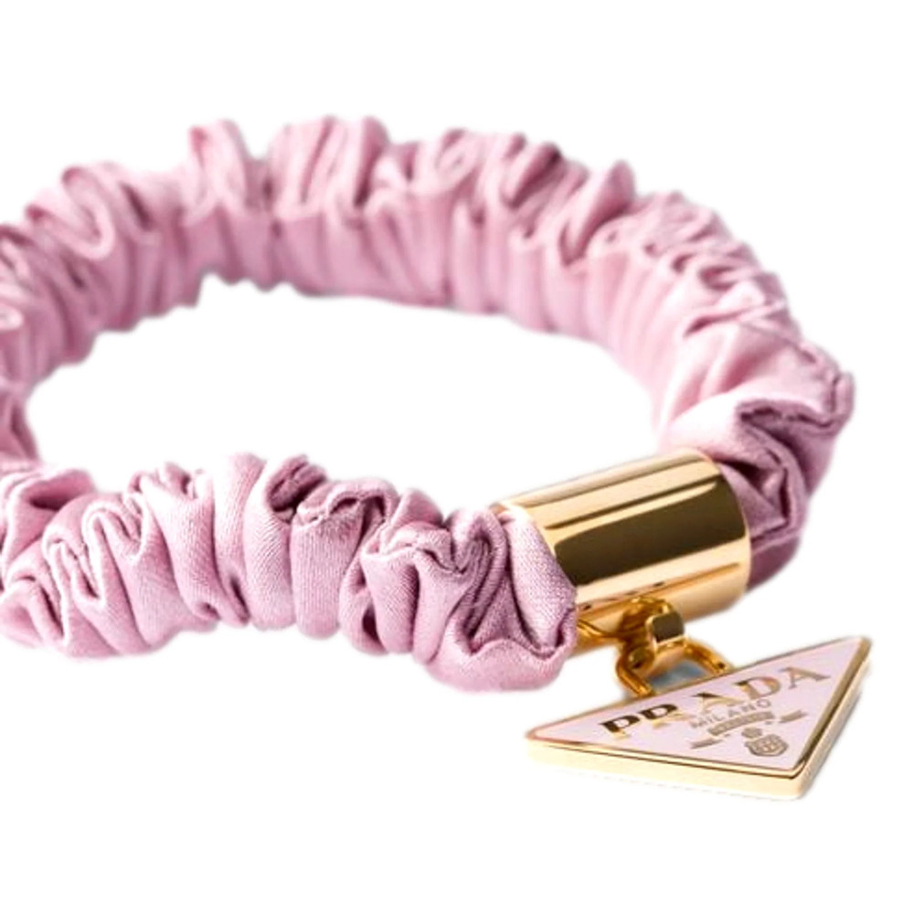 Prada Black and Pink Satin Scrunchie Hair Tie with Triangle